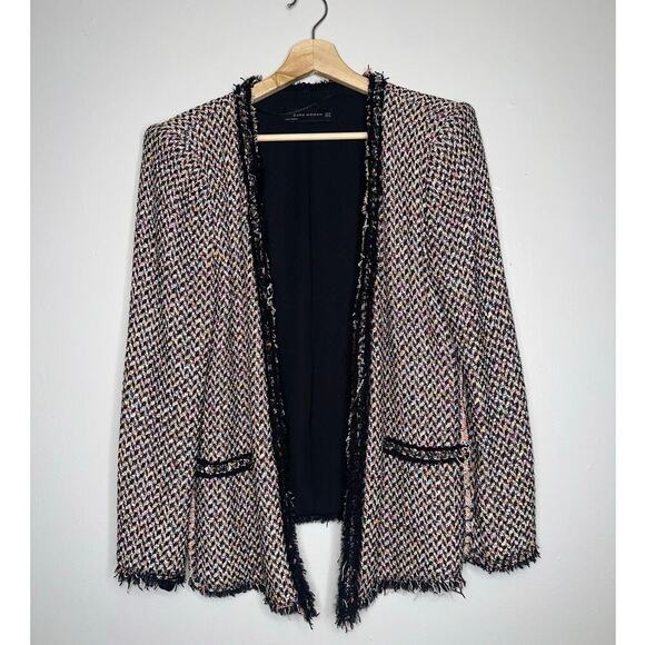 Zara Woman Multicolor Tweed Open Front Blazer Jacket Fringe Trim Size XL - Picture 3 of 8